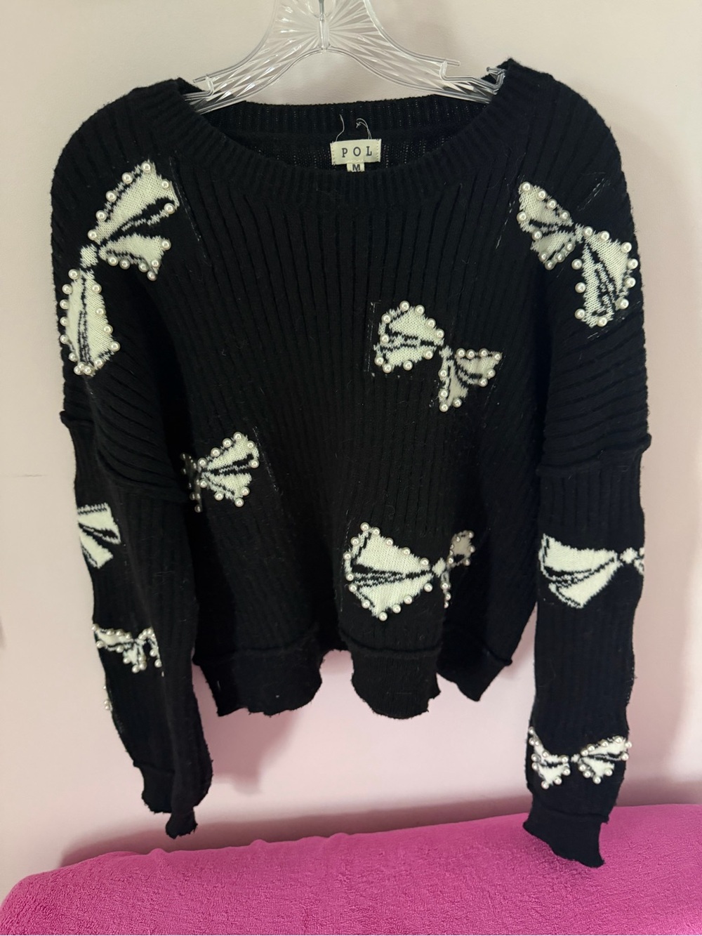 POL Black Sweater with White Bow Embellishments